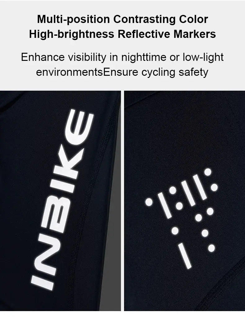 INBIKE men's cycling bib shorts in navy with white logo and reflective markers; two close-up views