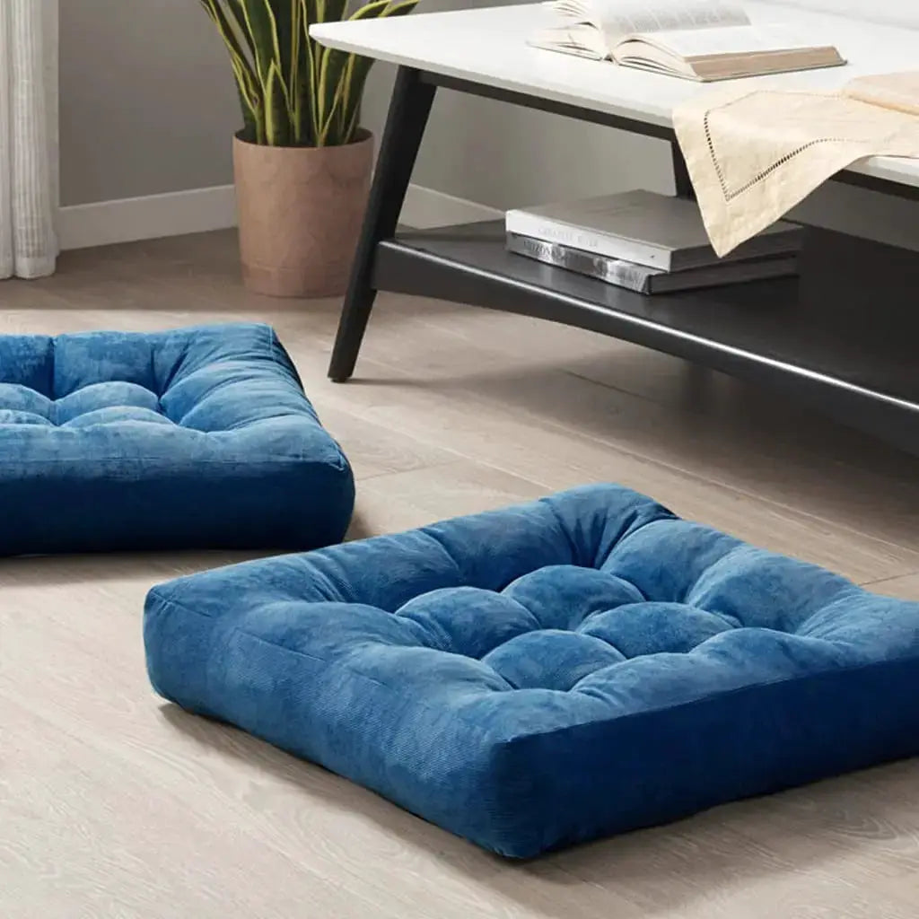 Blue square floor cushions, thick tufted cushions for meditation and seating, set of 2