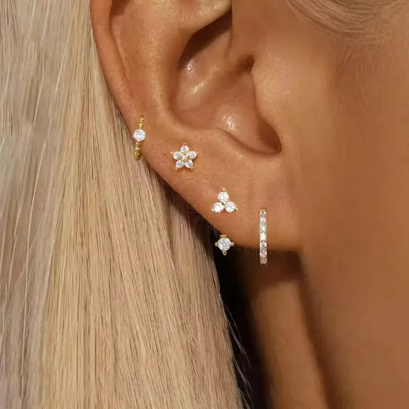 4pc Simples Market zircon earring set for women; gold-tone hoops, flower studs, and bar-style earrings