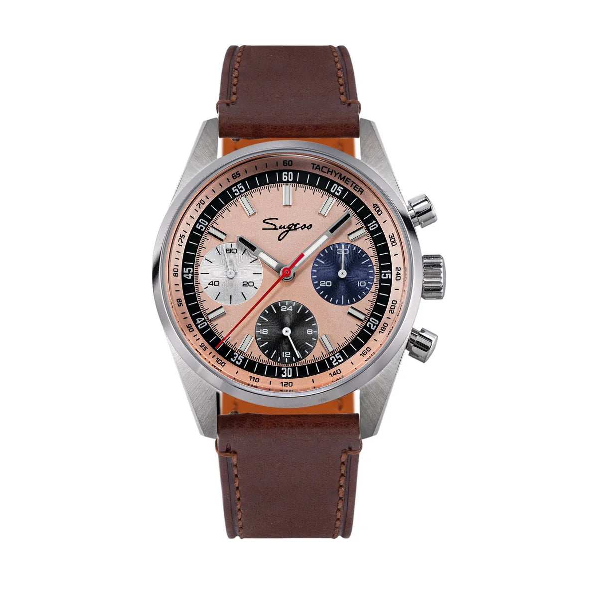 Sugess men's watch chronograph with rose dial and brown leather strap