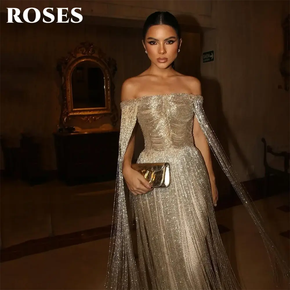 Roses Gold Luxury Evening Dress Off Shoulder Tassel Cape Gown Prom