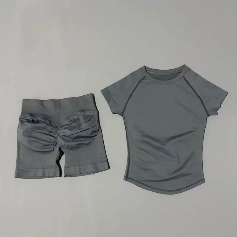 Histello 2 Piece Seamless Yoga Set Women Short Sleeve Top Leggings