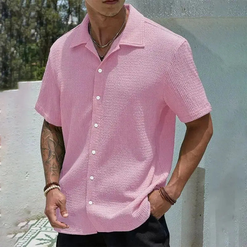 Men's pink textured short-sleeve casual shirt with white buttons, streetwear style