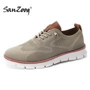 SanZoog men's beige mesh sneakers with white sole and pink stitching