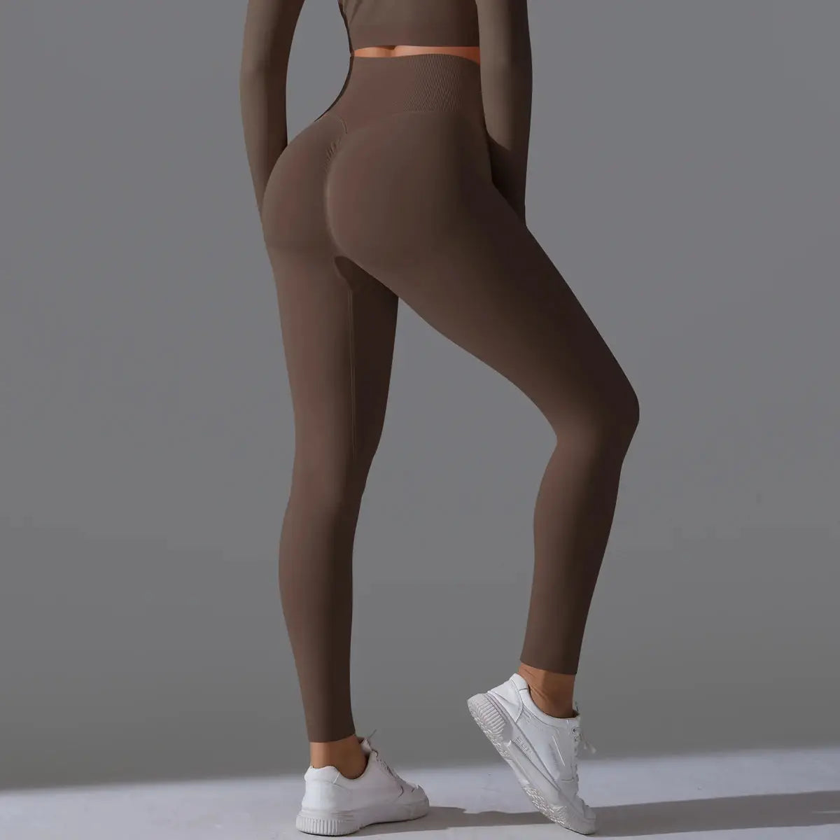 Women's seamless yoga leggings in brown, high-waist tummy-control with scrunch butt lift
