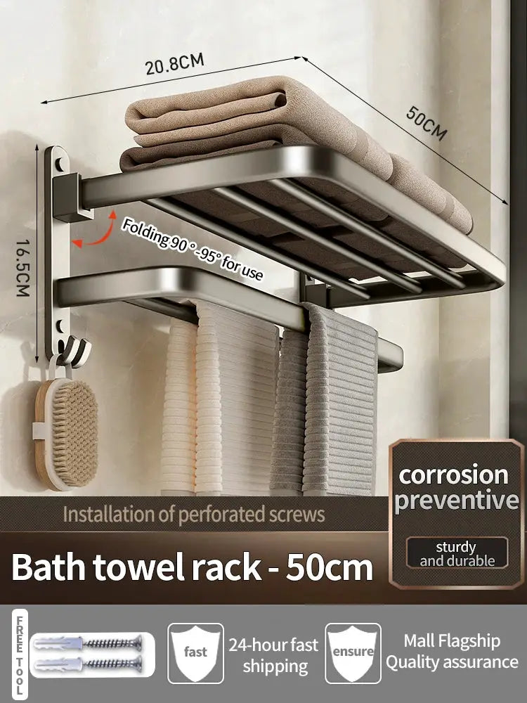Towel rack holder, folding aluminum bath rack with hooks in grey/black, 50cm.
