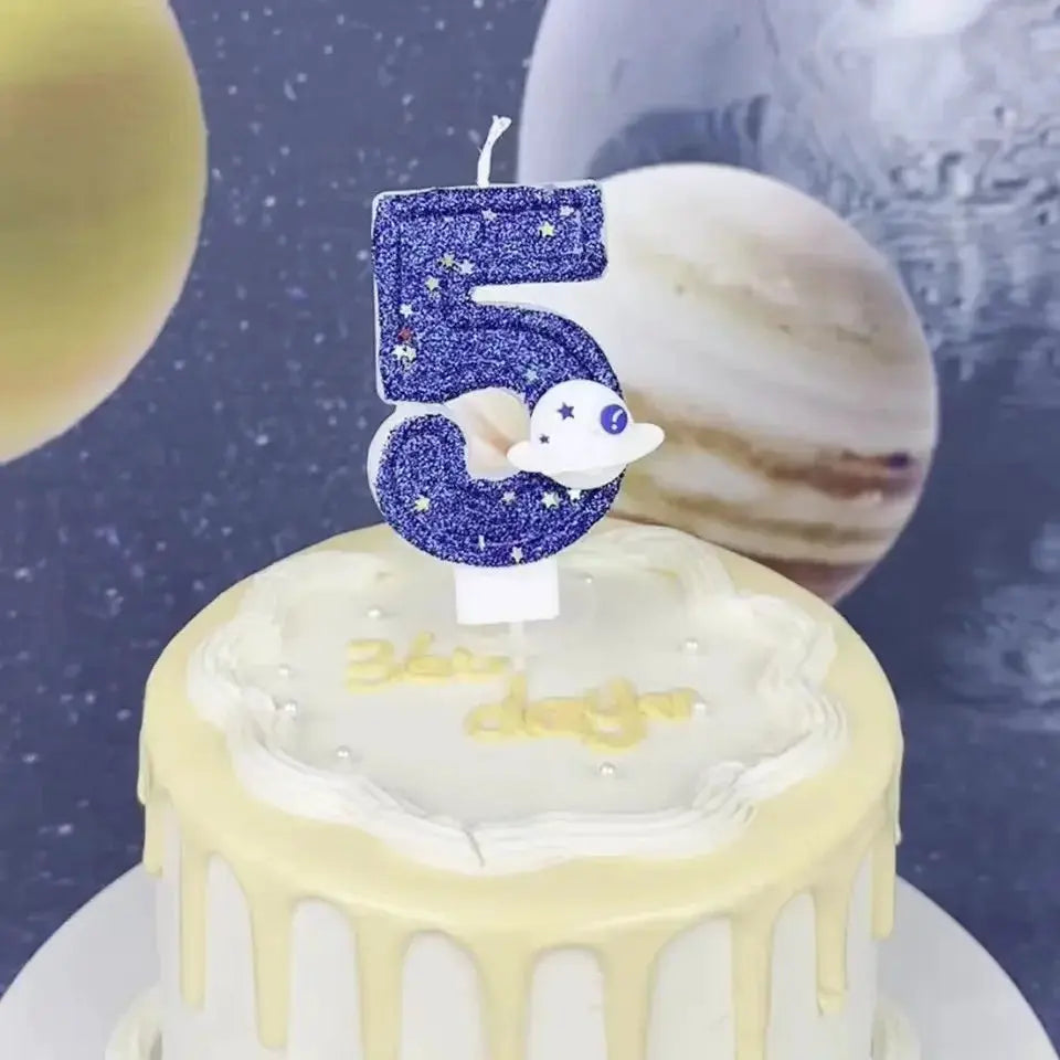 Planet Themed Spaceship Digital Candle 0 To 9 Dark Blue Birthday Cake Decoration For Outer Space Party