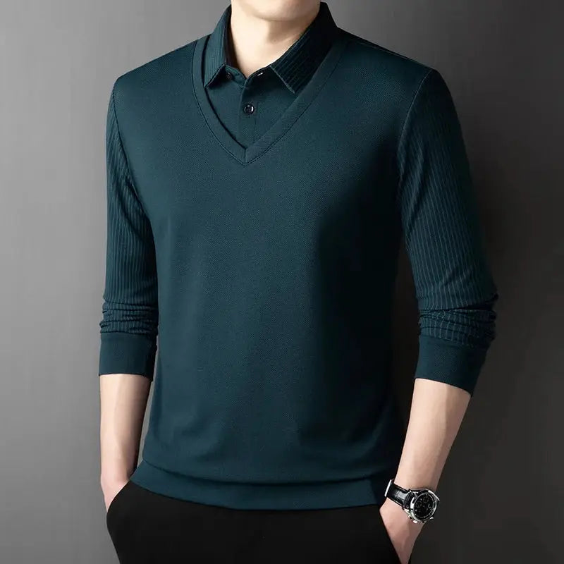 Simples Market men's long-sleeve fake two-piece polo top, solid teal, casual all-season style.