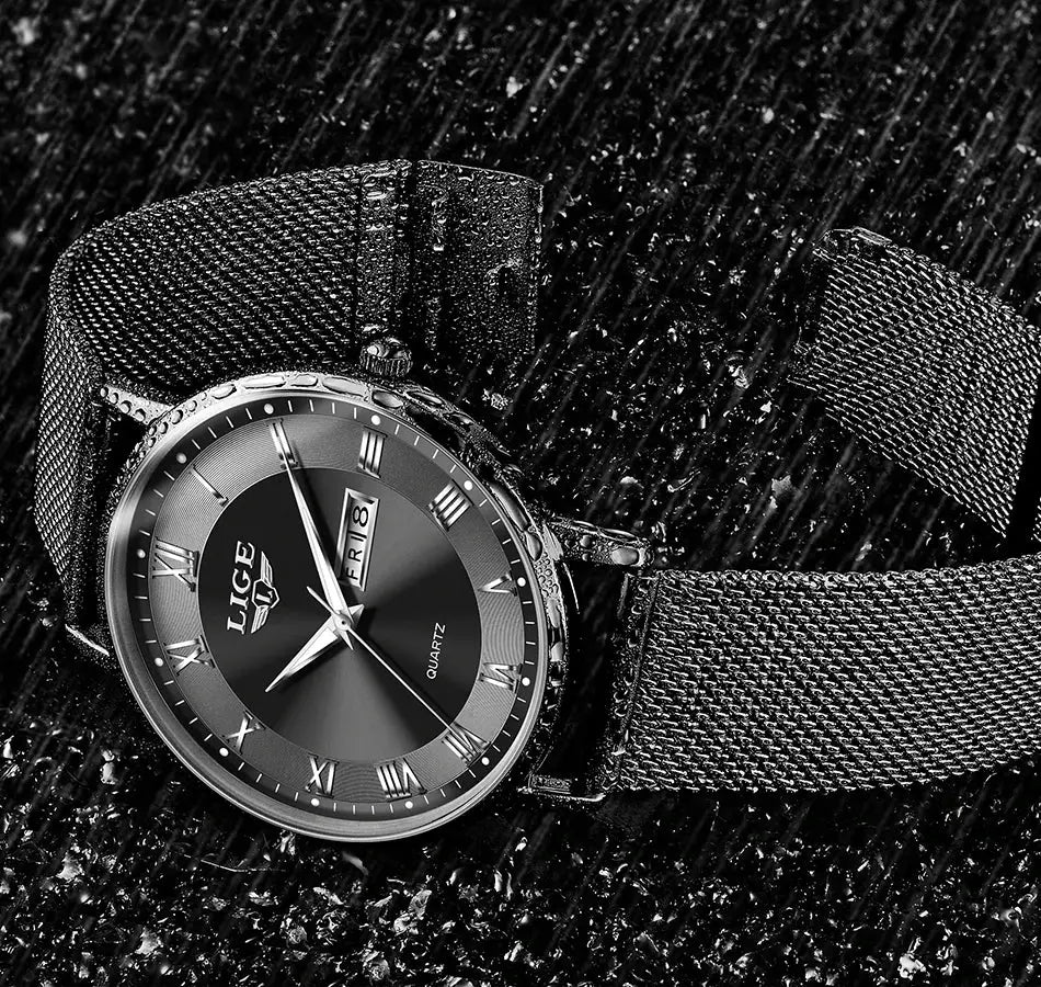LIGE women's luxury quartz watch with stainless steel mesh band, black dial, Roman numerals, day/date window