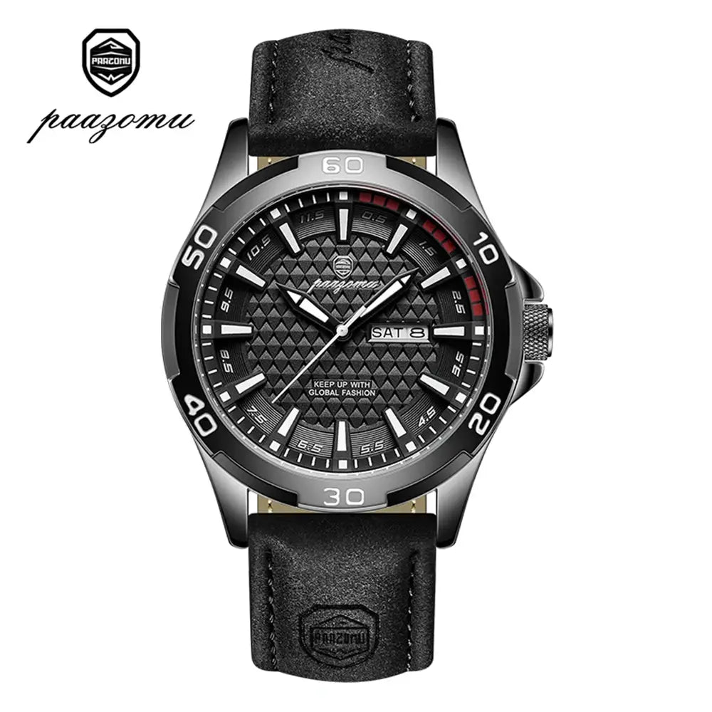 PAAZOMU men's luxury wristwatch with stainless steel case and black leather strap, textured dial date window
