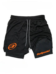 Berserk men's 2-in-1 sports shorts in black with white-dotted drawstring and orange Bullpadel branding