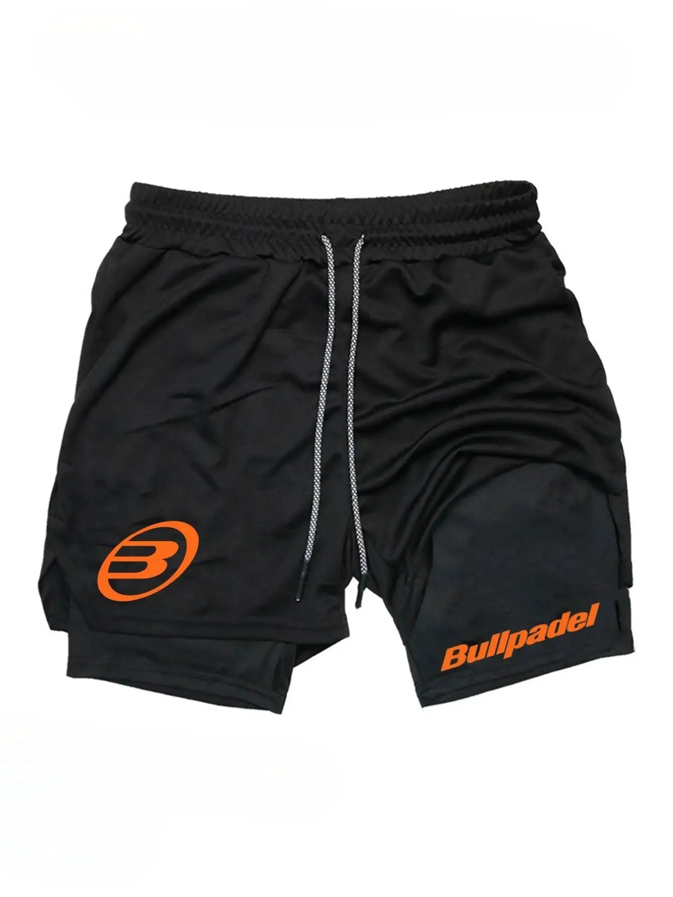 Berserk men's 2-in-1 sports shorts in black with white-dotted drawstring and orange Bullpadel branding