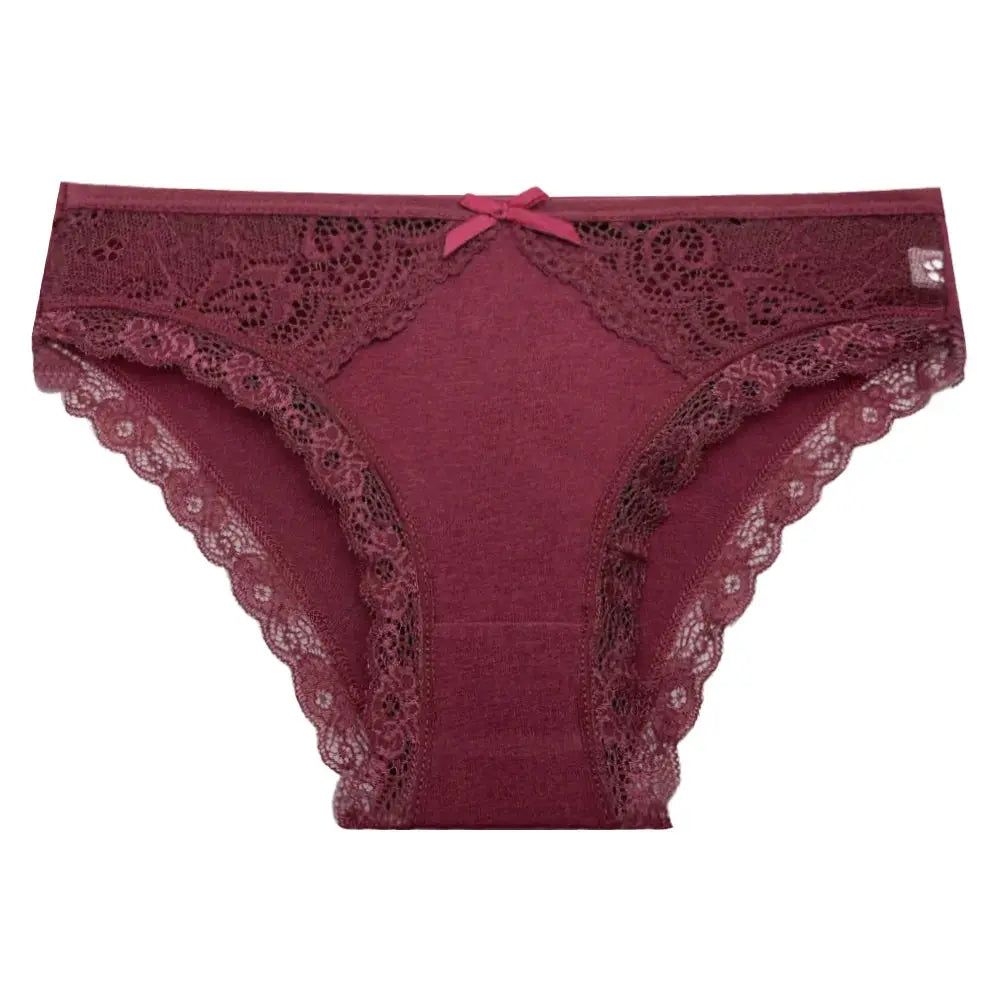 Burgundy lace low-rise bikini panty for women with scalloped trim and bow