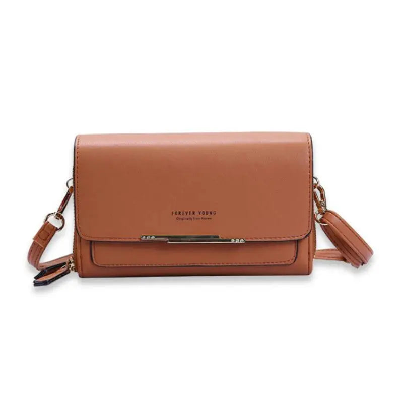 Simples Market women's brown leather crossbody wallet handbag with front flap, metal bar, and multi-card capacity