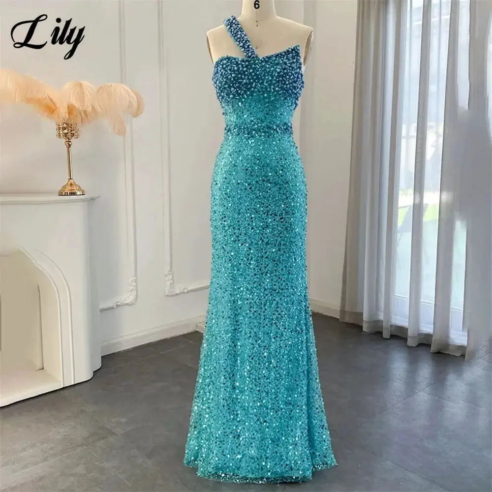 Lily Blue Prom Dress One Shoulder Sleeveless Mermaid Gown Rhinestones