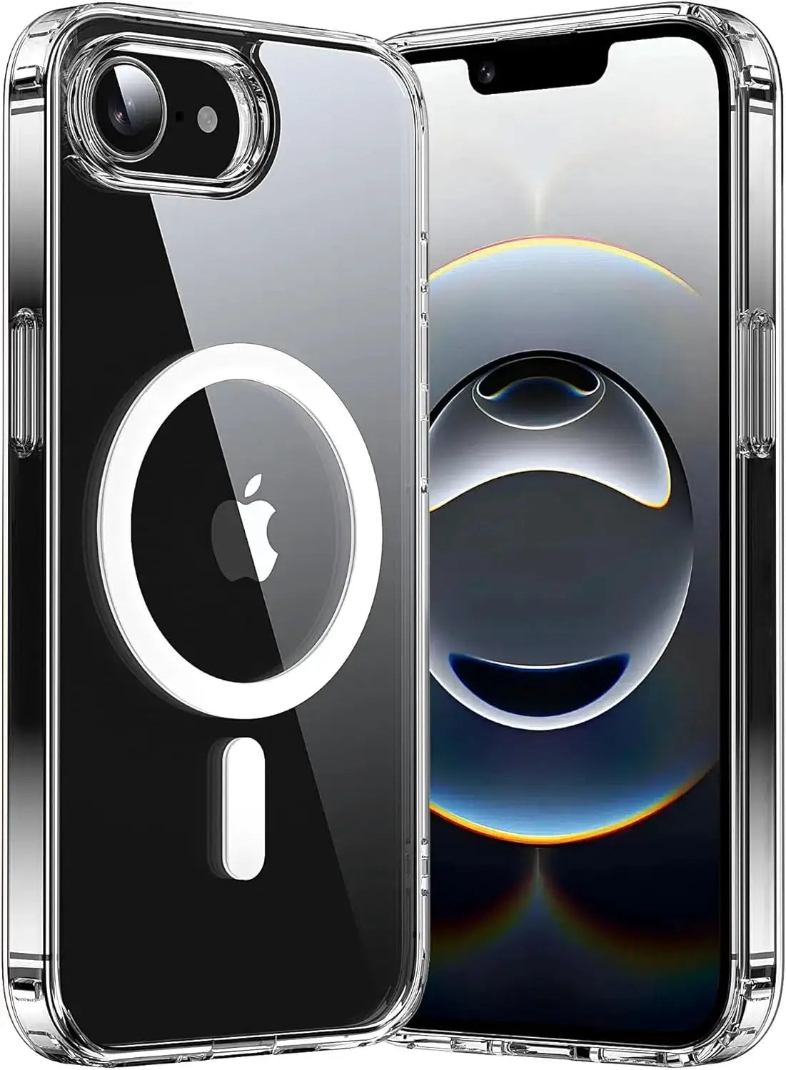 Two transparent MagSafe iPhone cases shown with clear backs and circular MagSafe rings, wireless charging compatible