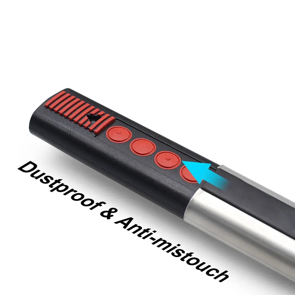 Smart garage door remote, black handheld with red circular buttons