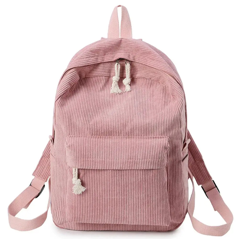 Personalized corduroy student backpack, pink with front pocket and rope zipper pulls, adjustable straps
