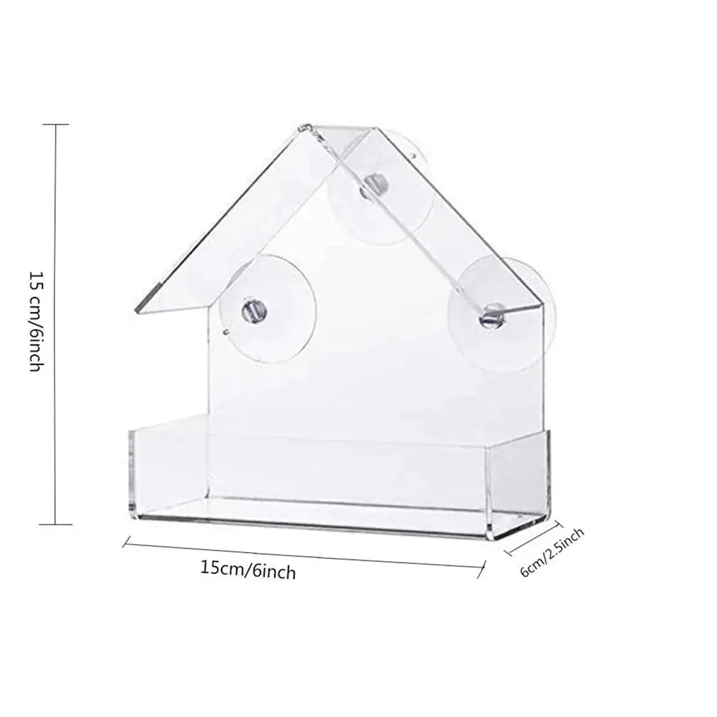 Clear acrylic house window bird feeder with suction cups and sliding feeding tray for outdoor garden