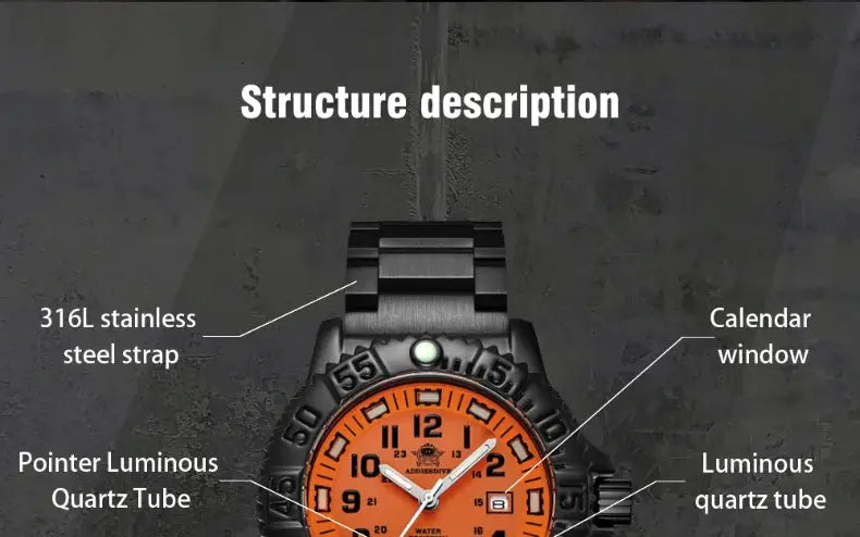 Addies men military watch by Simples Market; orange dial, nylon-steel strap, waterproof quartz