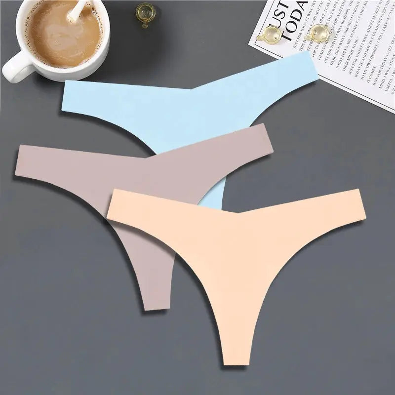FINETOO 3pc women's ice silk seamless V-waist thong panty set in blue, beige and peach