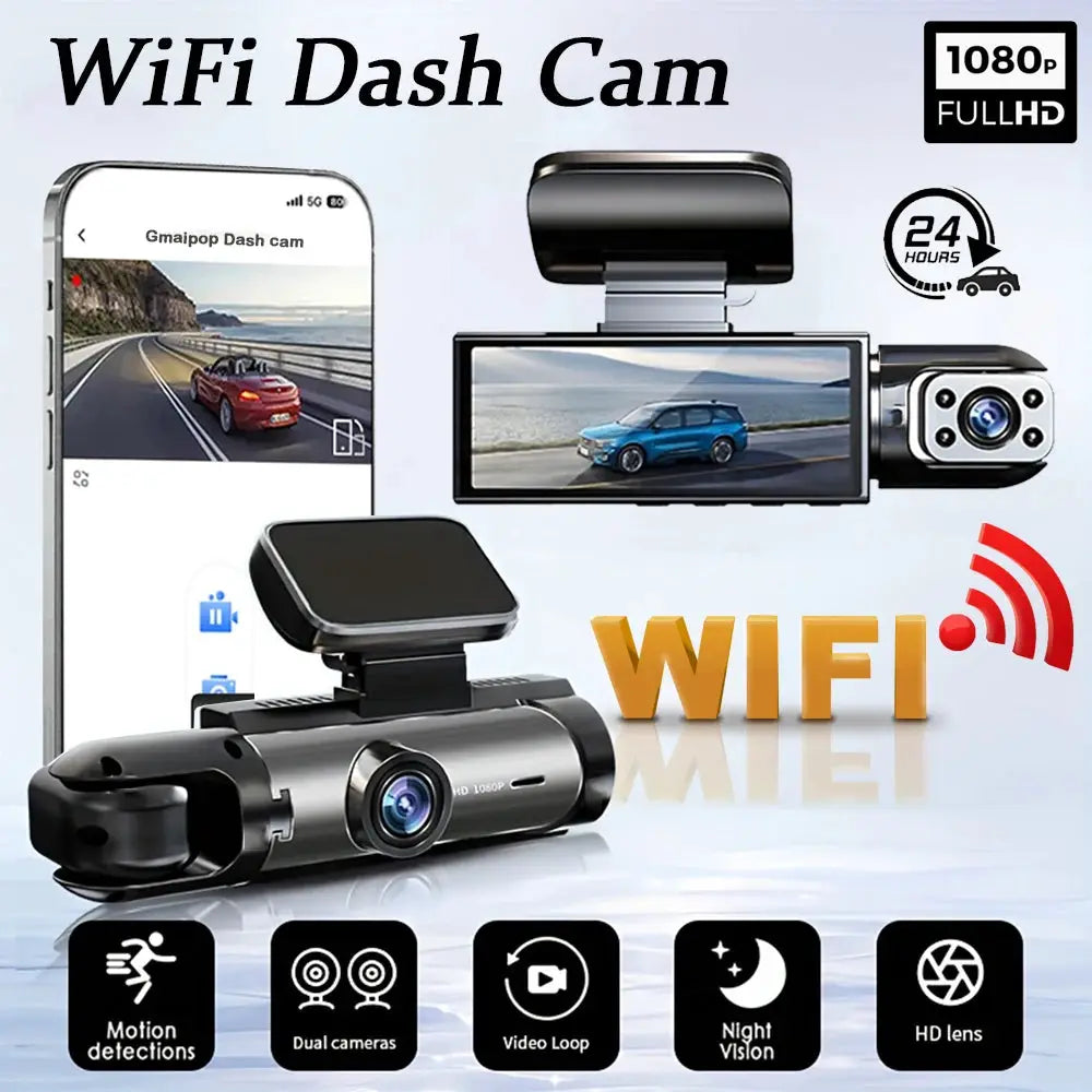 Simples Market 1080p WiFi dual dash cam for cars with front and interior cameras, IR night vision, loop recording