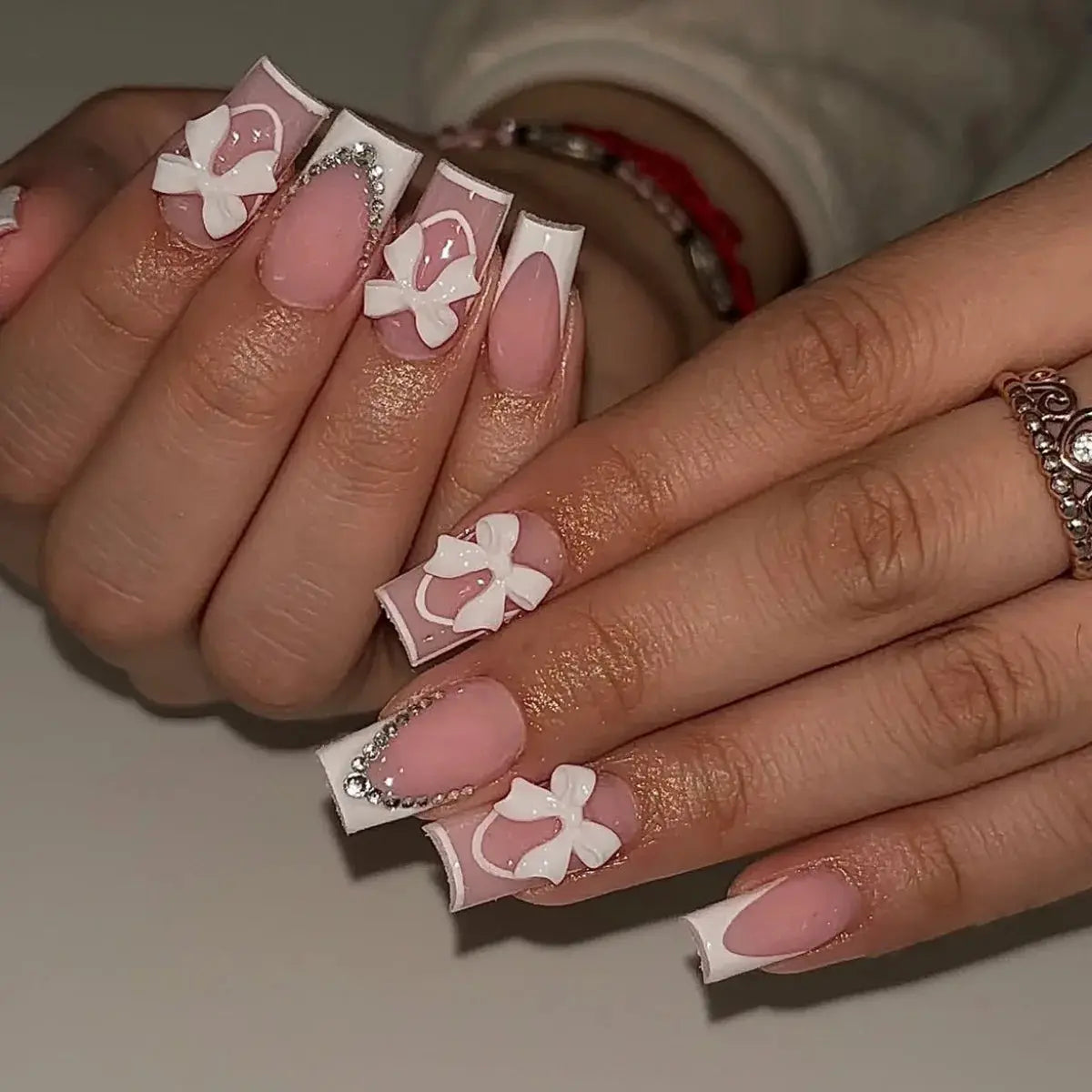 LuxeNail White French Press On Nails 3D Bowknot Full Cover Tips Durable 24Pcs DIY Manicure Set