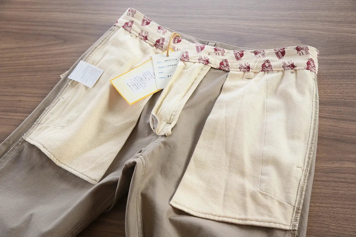 Simples Market driving pants, 100% cotton washed chinos in beige/tan multicolor panels with tags