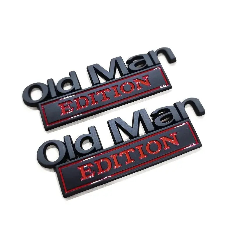 Two Old Man Edition 3D emblem stickers with red EDITION on black plaques for universal car/SUV