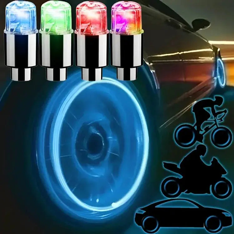 4-pack tire valve LED lights for cars, blue/green/red/pink, universal fit, car hub ambient lighting.