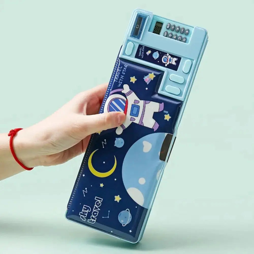 Plastic pencil case with built-in calculator and pencil sharpener; blue space-themed double-sided design