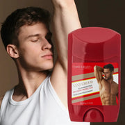 Male model with raised arm beside a red sandalwood deodorant bottle, aluminum-free with 48h odor protection.