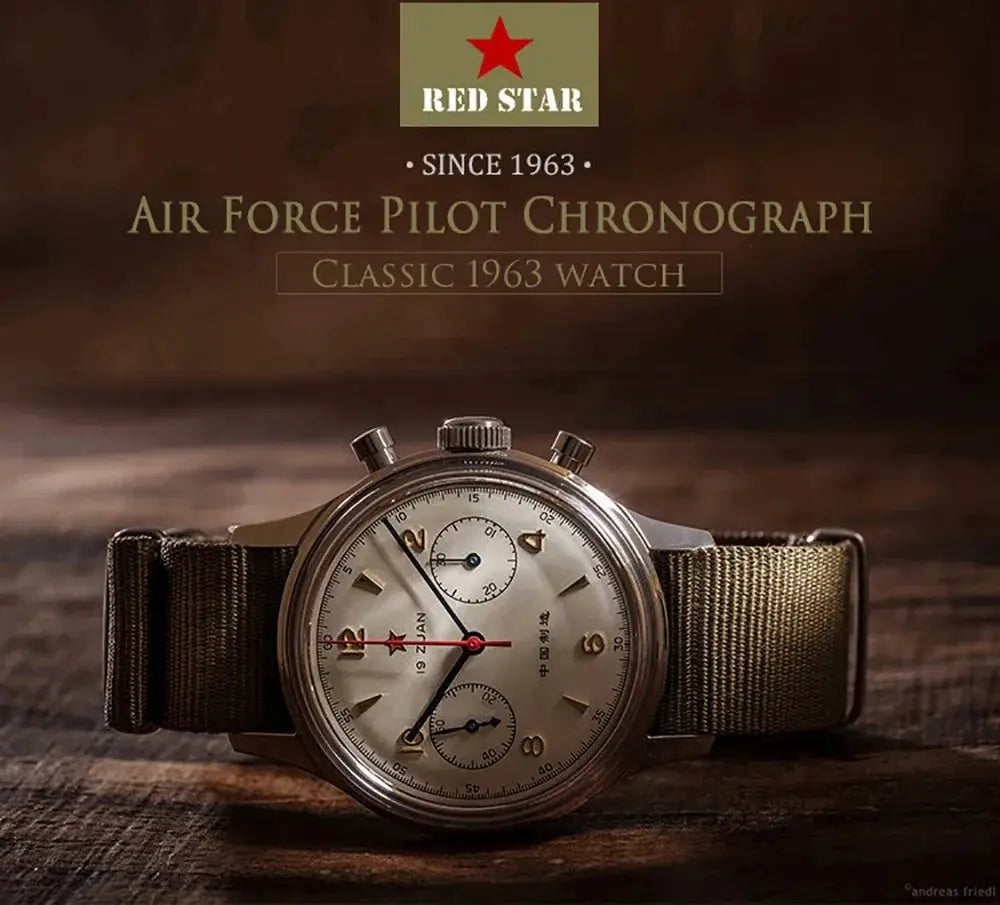 Red Star 38mm men's chronograph watch on olive canvas strap with Seagull ST1901 movement, air force pilot style