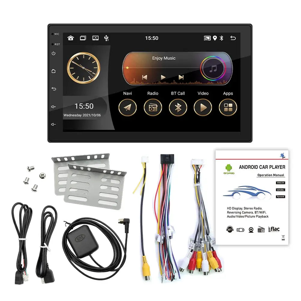 BQCC 2-DIN Android Auto car radio with 7/9/10 IPS touchscreen; Simples Market, brackets, cables, manual.