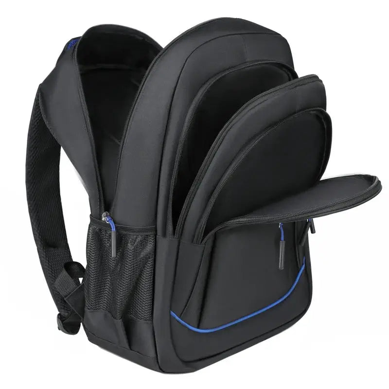 Backpack by Simples Market, large black backpack with blue accents and compartments for travel, school, and commuting
