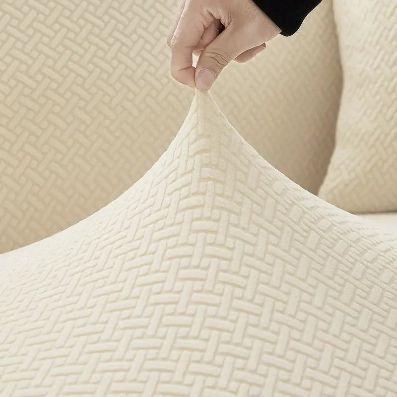 Beige jacquard elastic sofa cover with polar fleece, living room slipcover for armchairs and L-shaped sofas.
