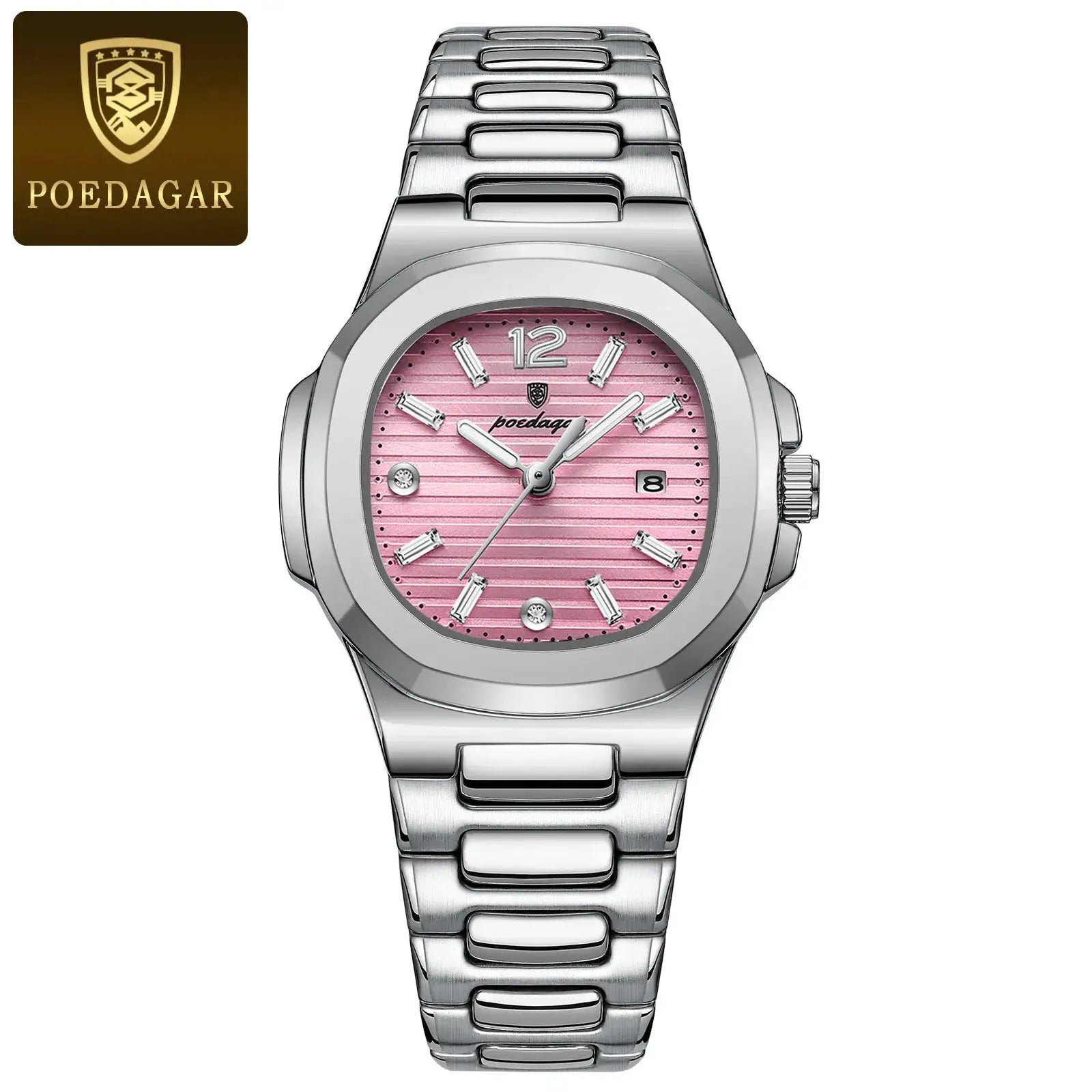 POEDAGAR square fashion women's wristwatch with pink dial, stainless steel bracelet, date display