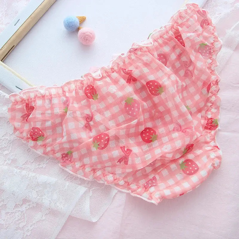 Pink strawberry-print mesh panties with ruffled trim by Simples Market lingerie
