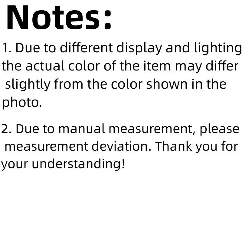 Notes disclaimer card with text about color variation and measurement deviation.