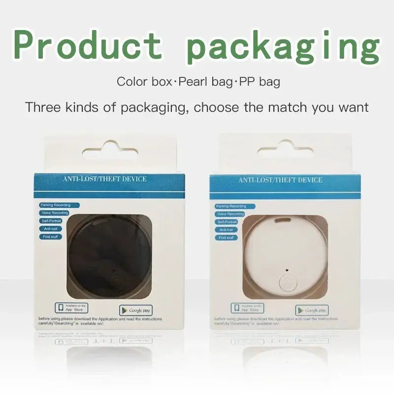 Xiaomi GPS Tracker anti-lost device packaging with two boxes (black and white units) and blue bands by Simples Market.