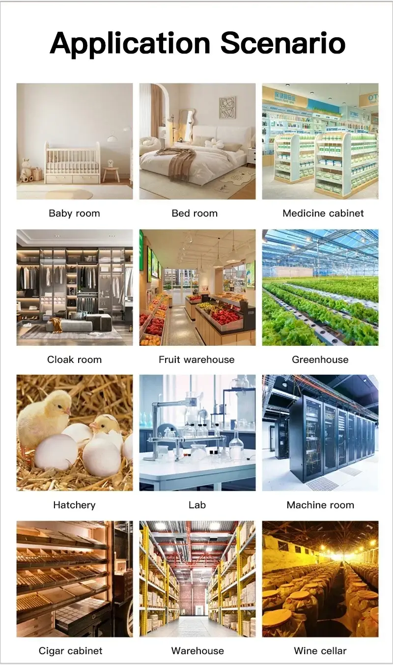Tuya WiFi Temperature Humidity Sensor by Simples Market; collage of 12 application scenes for smart home.