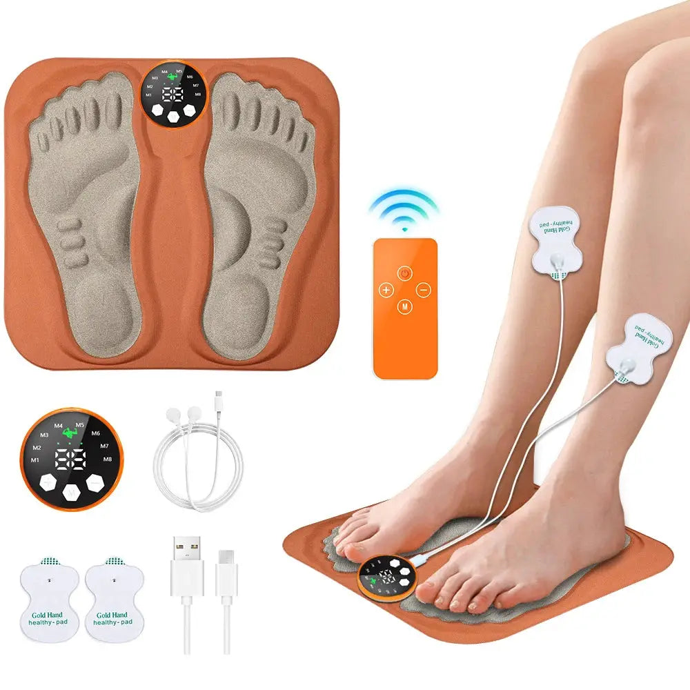 3D Smart Foot Massager Pad orange mat with control dial, remote, USB cable, and two EMS pads