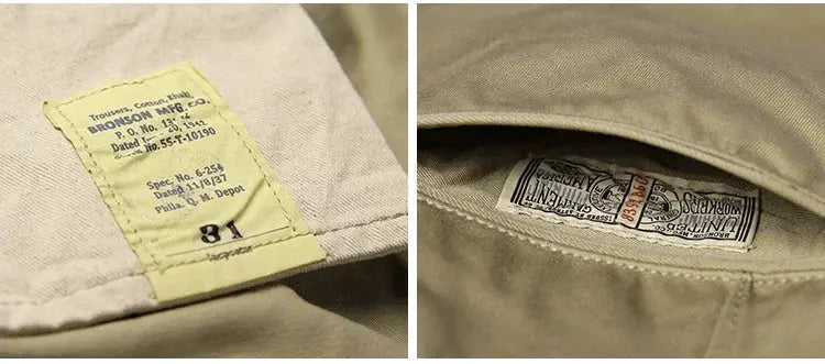 Bronson Army Chino Trousers in khaki; two-angle view shows outer vintage tag and inner label.