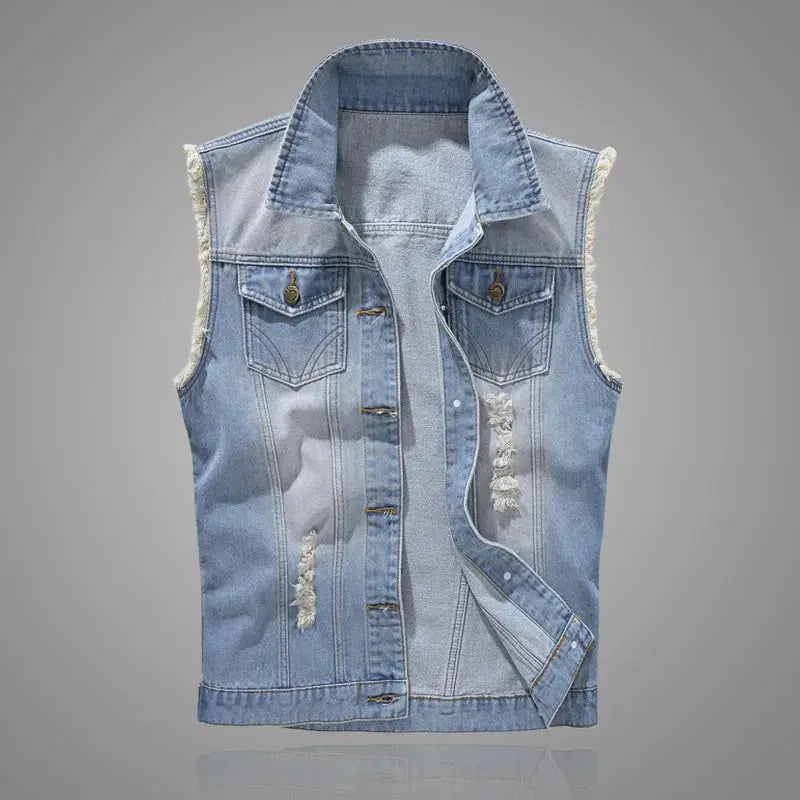 Men's denim sleeveless vest in light blue with distressed patches and front pockets