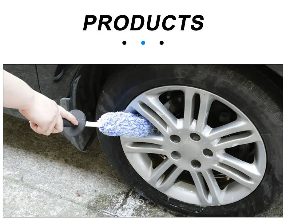 SEAMETAL car wash brush with plush blue-white head and non-slip handle for cleaning wheel rims and spokes