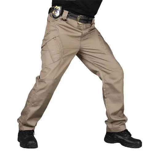 Tactical cargo pants for men in beige with multiple pockets and thigh cargo pockets