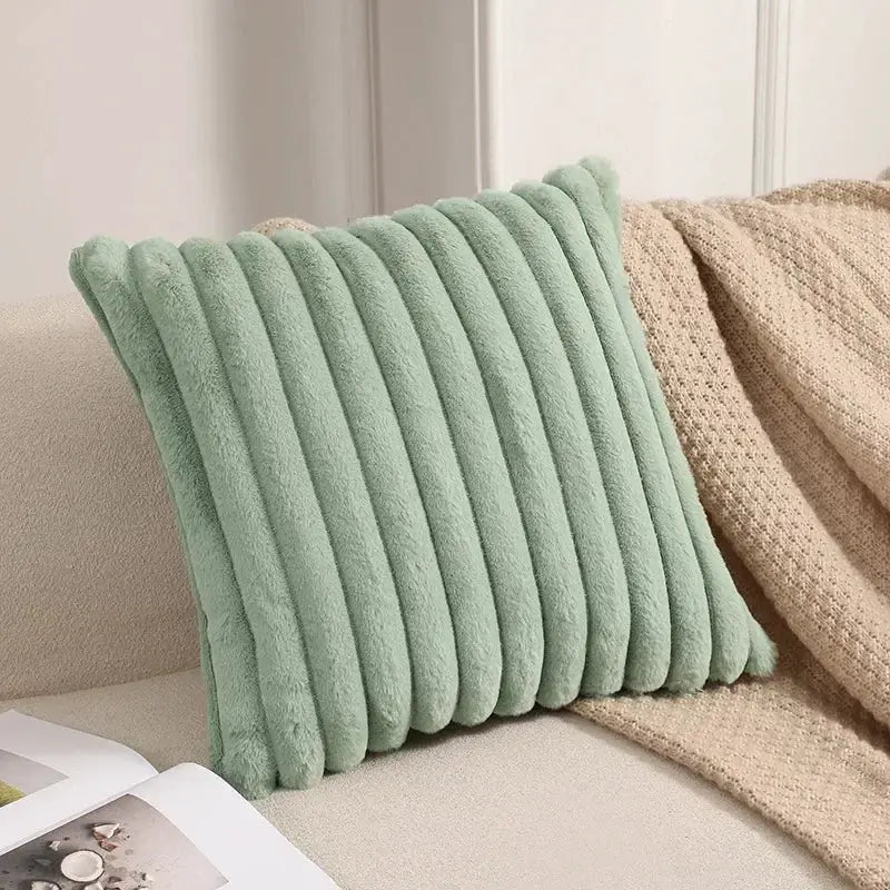 Faux rabbit fur cushion cover in mint green with plush ribbed stripes for sofa