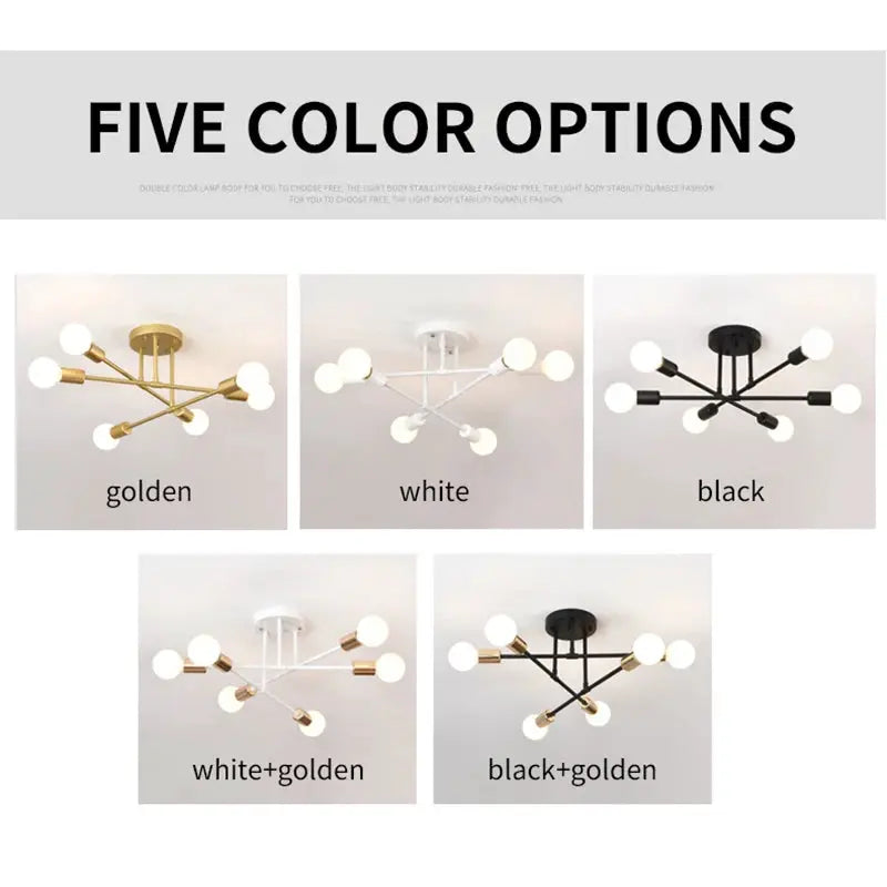 Retro 6-Head LED ceiling lamp, Simples Market; five color options: gold, white, black, white+gold, black+gold.