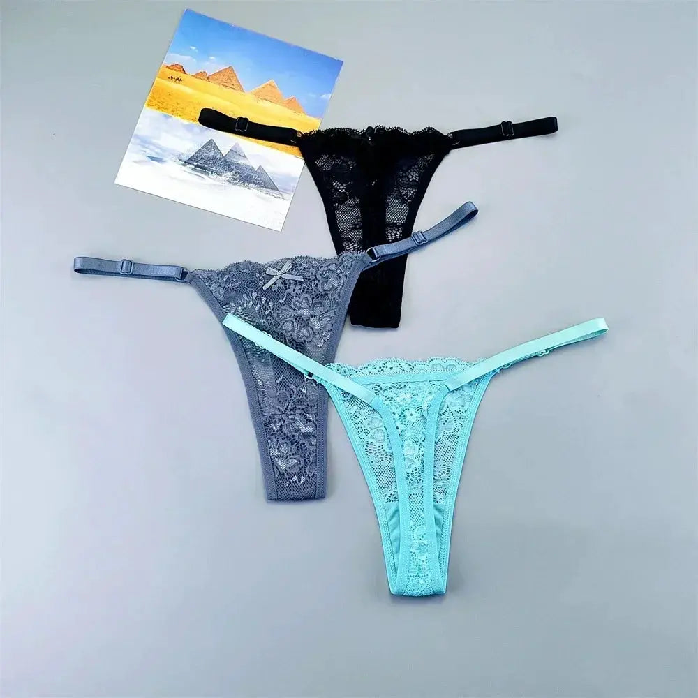 Simples Market 3-pack lace thong underwear: black, gray, turquoise; adjustable low-rise T-back panties