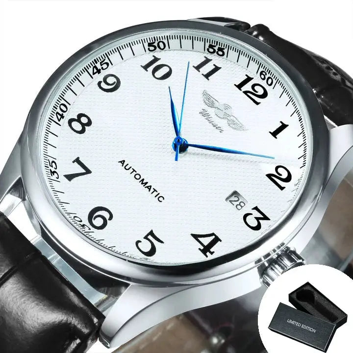 WINNER men's automatic watch with white dial, blue hands, black numerals, date window, steel case, leather strap